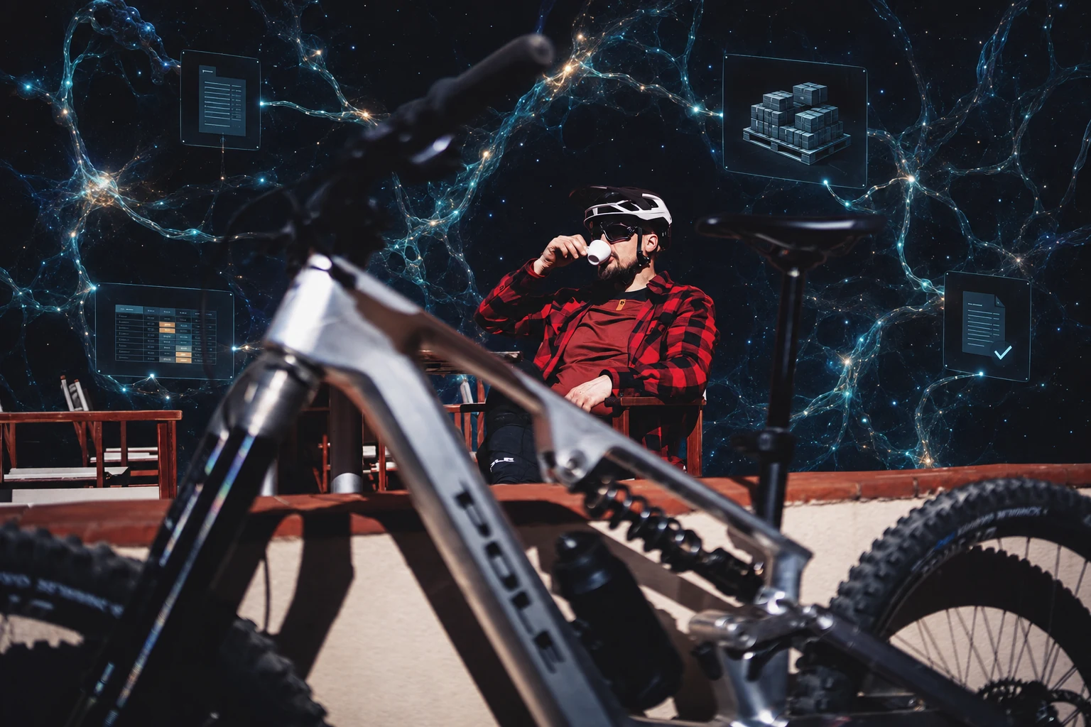 Leo drinking coffee with a network of automations in space behind him. Photo composite.